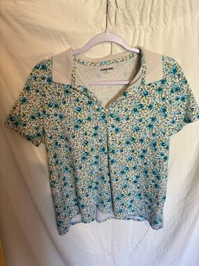 Lands' End Women's Teal and White Floral Button-Down Polo